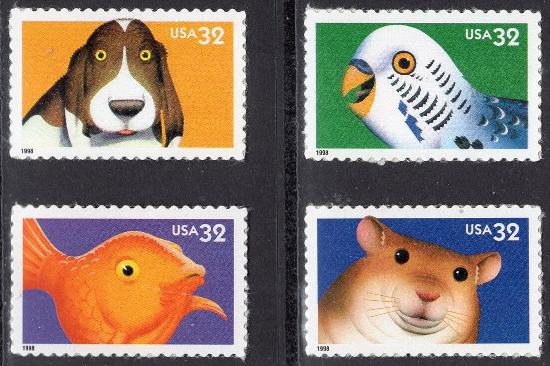 8 BRIGHT EYES Eyed ANIMALS (4 different x2ea) Parakeet Dog Fish Hamster - Bright USa Postage Stamps-Vintage 1998 -Stock# 3230