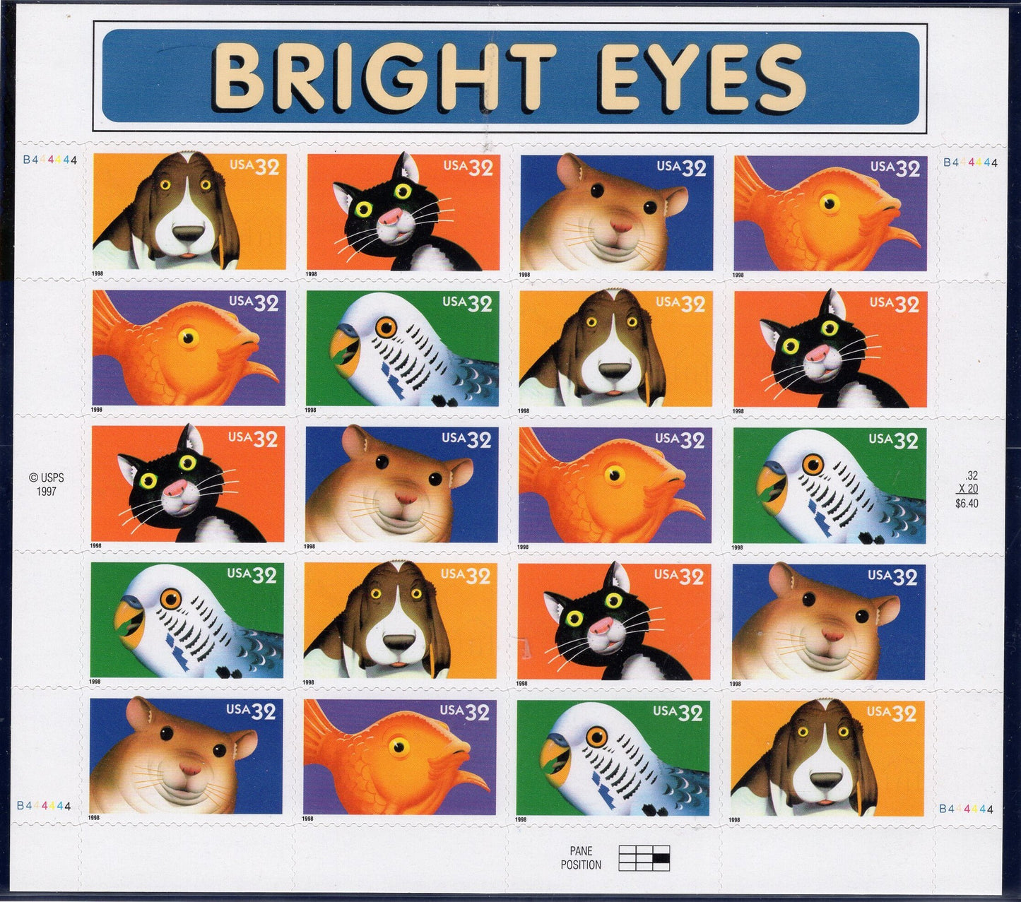 BRIGHT EYES PETS Sheet of 20 Cat Dog Parakeet Goldfish Hamster - Bright, fresh USa Postage Stamps - Vintage 1998 -Stock# 3230
