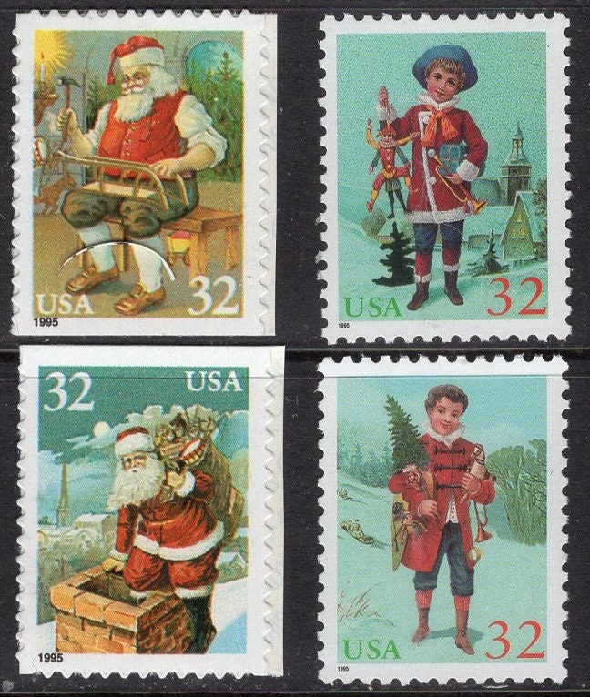 10 SANTA CLAUS CHRISTMAS Themes Chimney Sled Tree Jack Stamps (some self-adhesive, some water-active gum) Vintage-1995 St# 3004 FreeUSA Ship