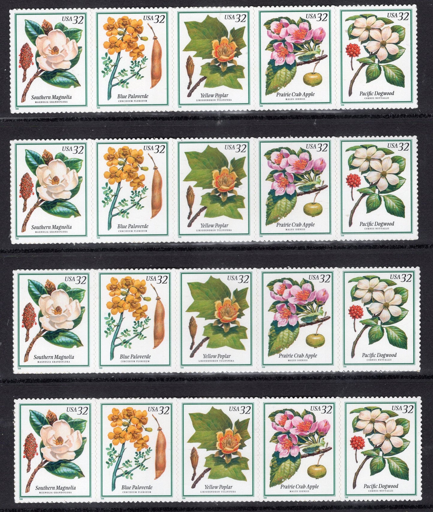 20 FLOWERING TREES inc MAGNOLIA Apple Dogwood Stamps (4 Strips of 5) 32c Self-adhesive for Weddings Invites - Vintage 1998