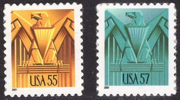 2 Different ART DECO EAGLE Bright Fresh Postage Stamps in Classic "Arts Décoratifs" Design - Vintage 2001