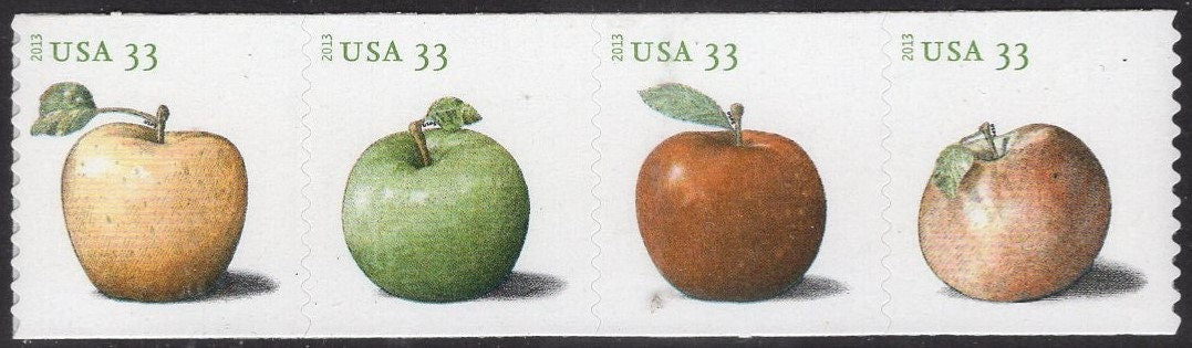 8 APPLES 2 each: GRANNY SMITH + Golden Delicious + Baldwin + Northern Spy - Bright Usa Postage- Vintage 2013 - Stock# 4731