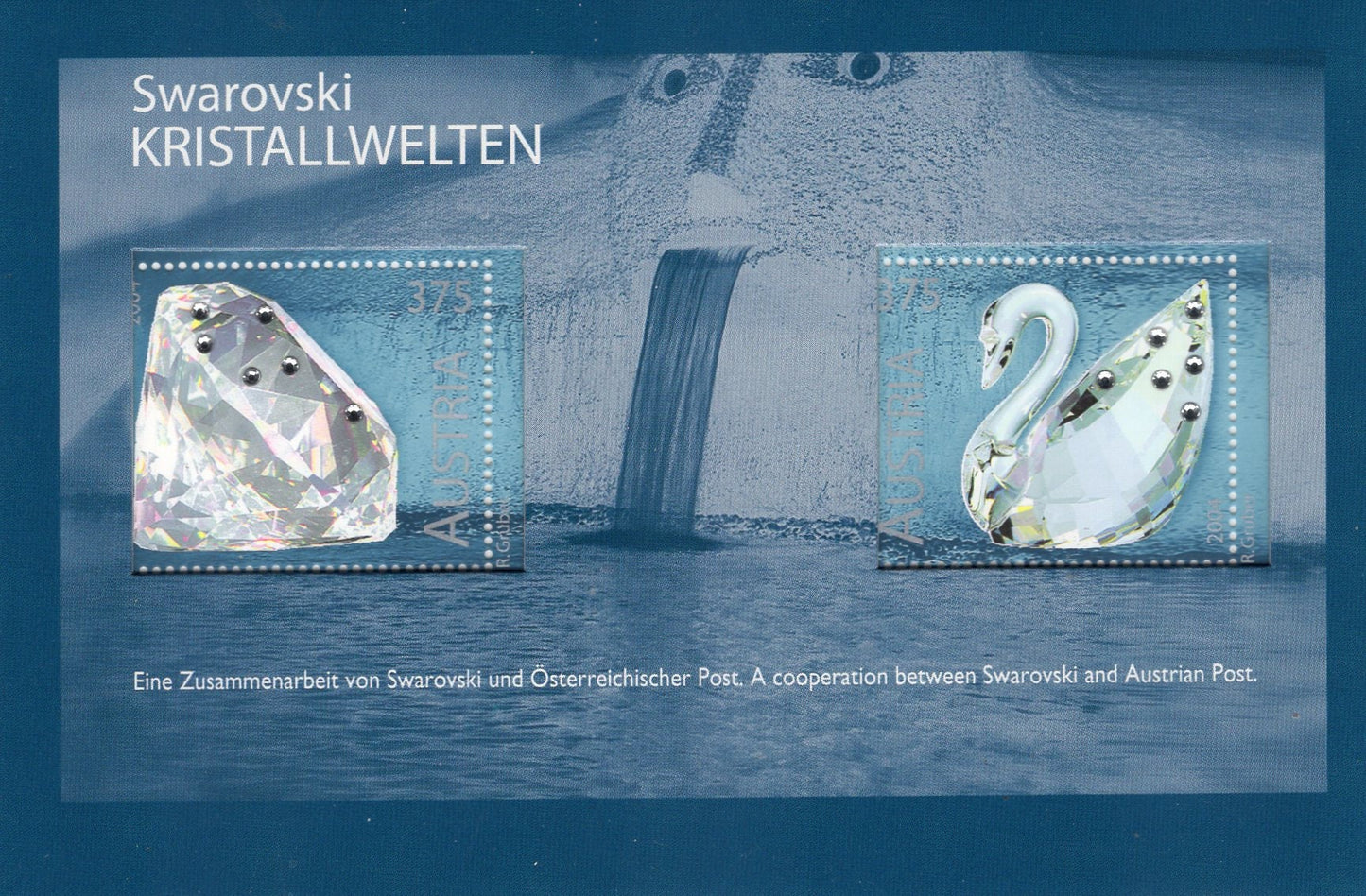 SWANS SWAROVSKI CRYSTALS Souvenir Sheet with 2 Stamps from Austria - Unusual, Great for Weddings! -Vintage 2004-Stock# 1966
