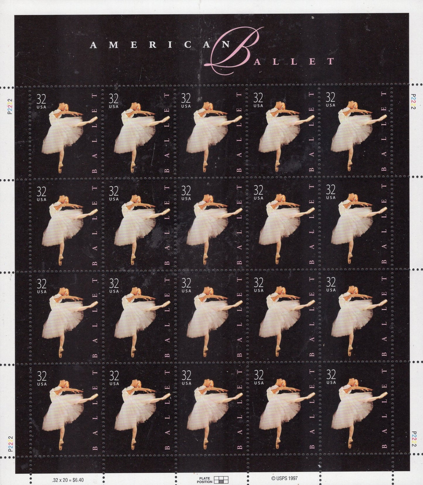 AMERICAN BALLET Sheet of 20 - 32c Bright Fresh Stamps - Useful for Weddings - Vintage 1998 - Stock#3237