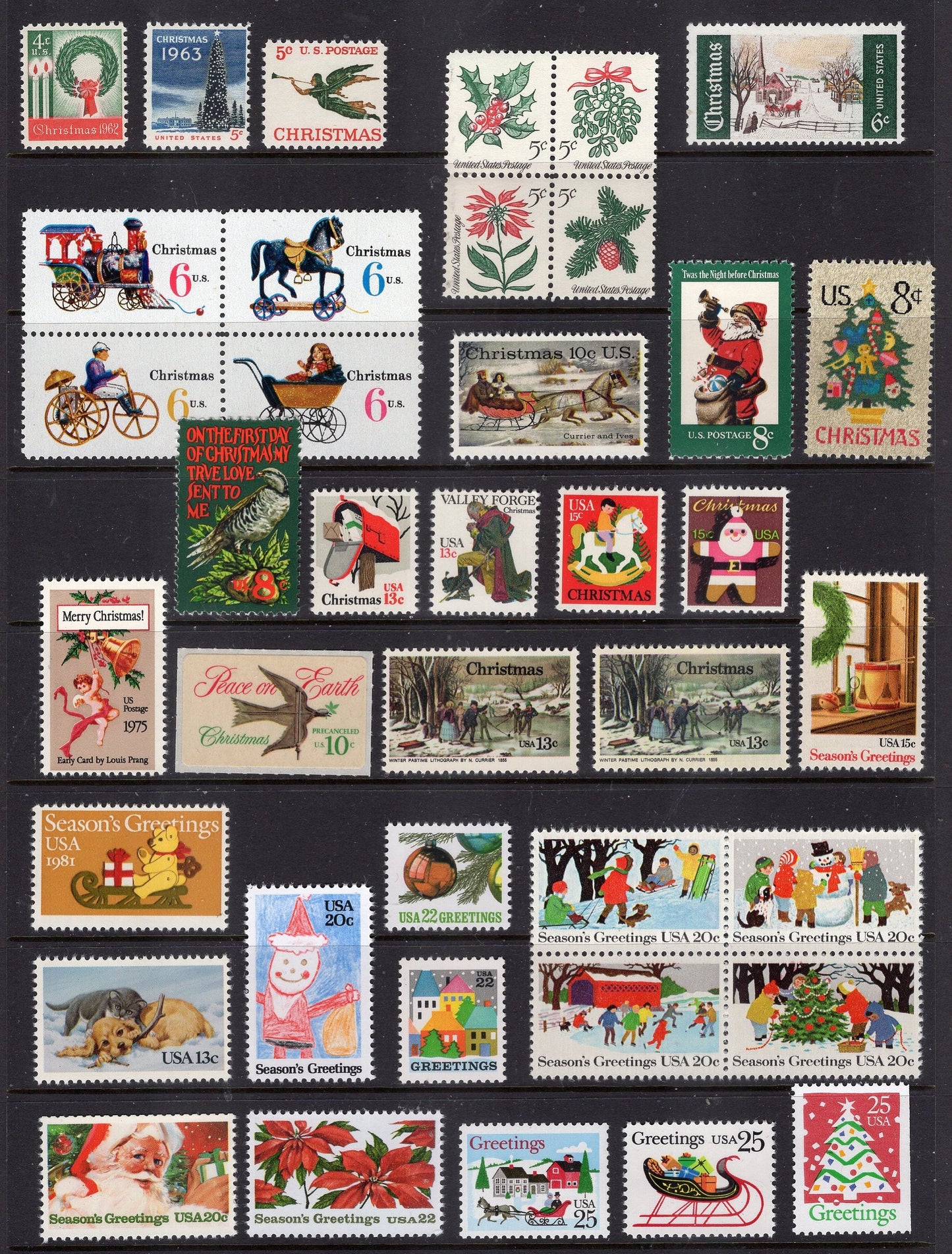 SPECTACULAR CHRISTMAS COLLECTION #2 of 128 Mint Bright USa Stamps - 3 Scans - Rarely Seen - Great Gift - Vintage 1962/on