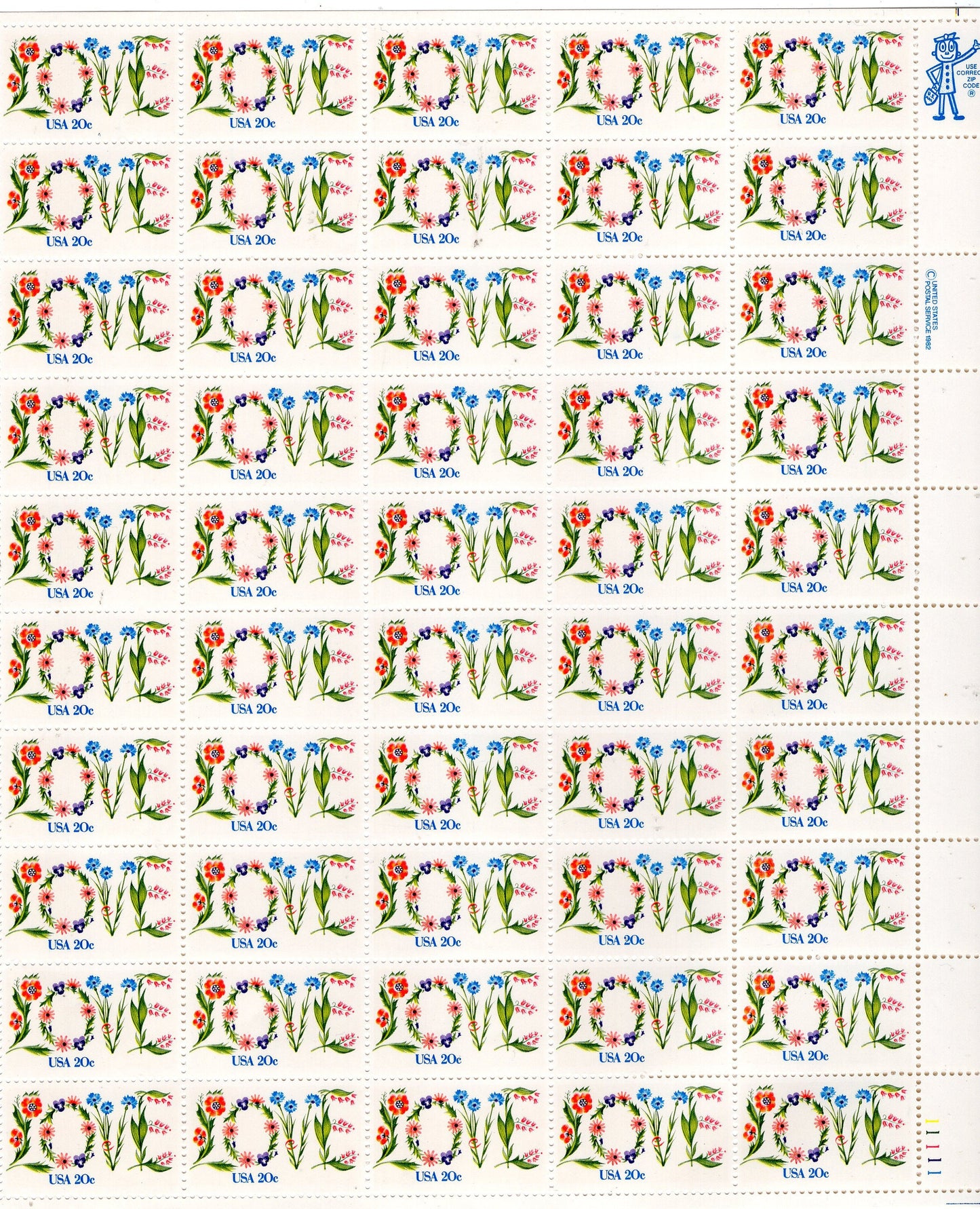 LOVE FLOWERS Sheet of 50 20c Stamps EXCELLENT Condition Perfect for Weddings Bright Fresh - Stock# 1951 Vintage 1982