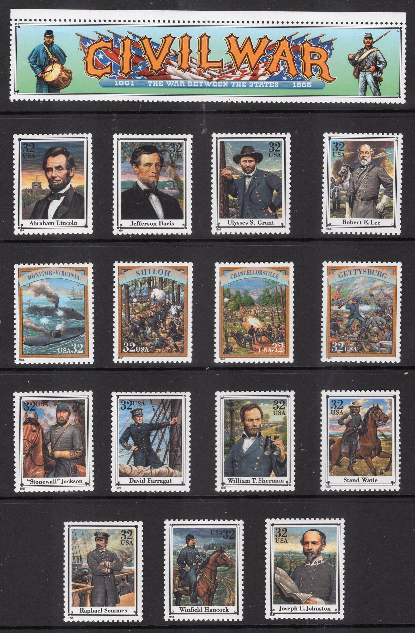 15 CIVIL WAR Battles and Leaders w/TEXT on Reverse Collection of Fresh Bright Never Hinged Postage Stamps - Vintage 1995