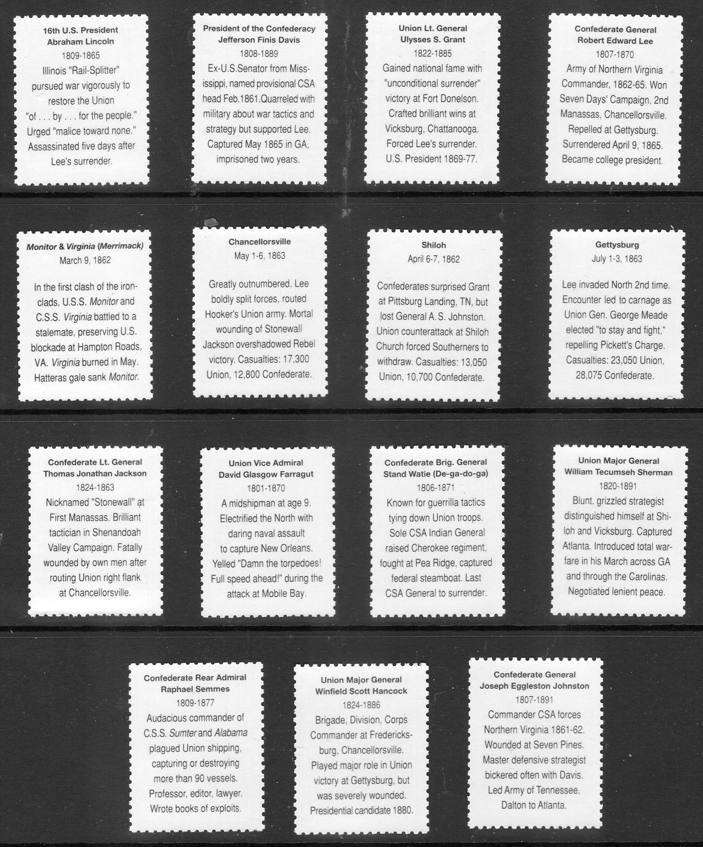 15 CIVIL WAR Battles and Leaders w/TEXT on Reverse Collection of Fresh Bright Never Hinged Postage Stamps - Vintage 1995