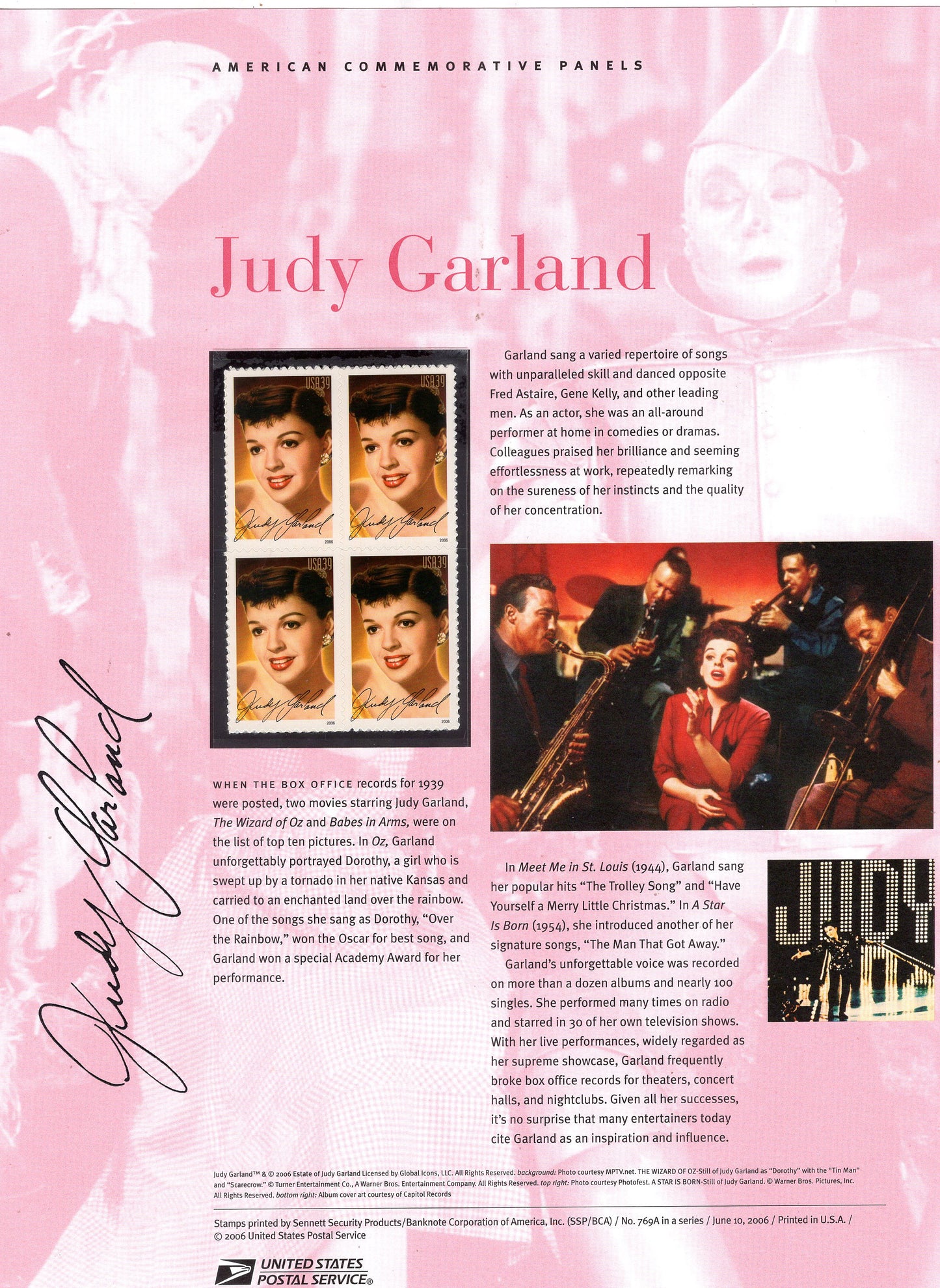 JUDY GARLAND HOLLYWOOD Legend Special Commemorative Panel plus Actual Stamps + Illustrations and Text Great Gift 8.5x11 '05