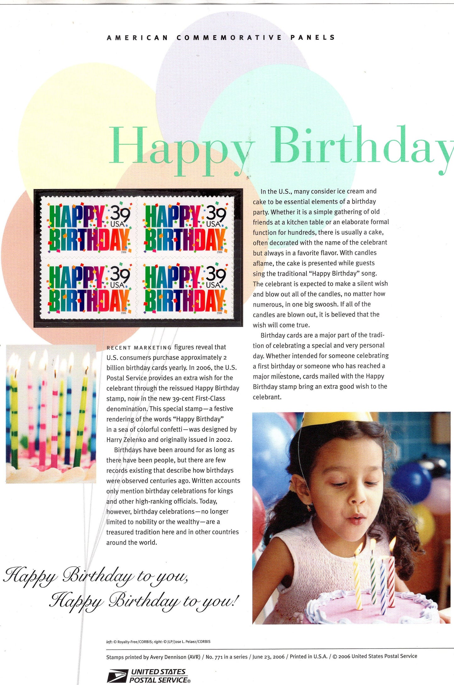 HAPPY BIRTHDAY GIRL Cake Candle Special Commemorative Panel plus Actual Stamps + Illustrations and Text Great Gift 8.5x11 '06