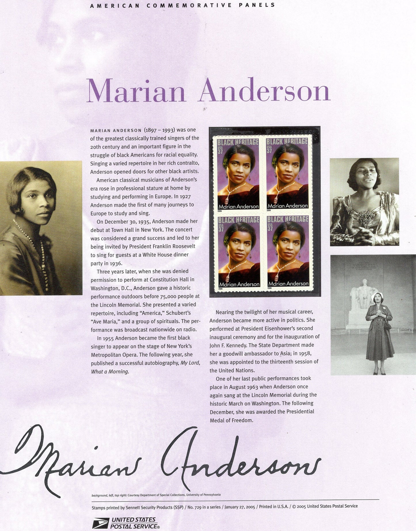 MARIAN ANDERSON BLACK Heritage Special Commemorative Panel plus Actual Stamps + Illustrations and Text Great Gift 8.5x11 '05