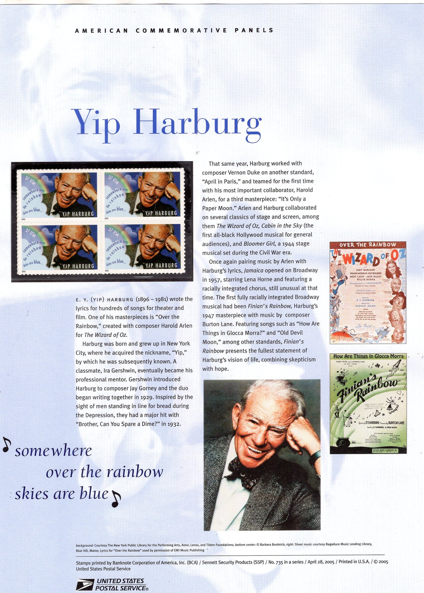 YIP HARBURG WIZARD of Oz Music Special Commemorative Panel plus Actual Stamps + Illustrations and Text Great Gift 8.5x11 '05