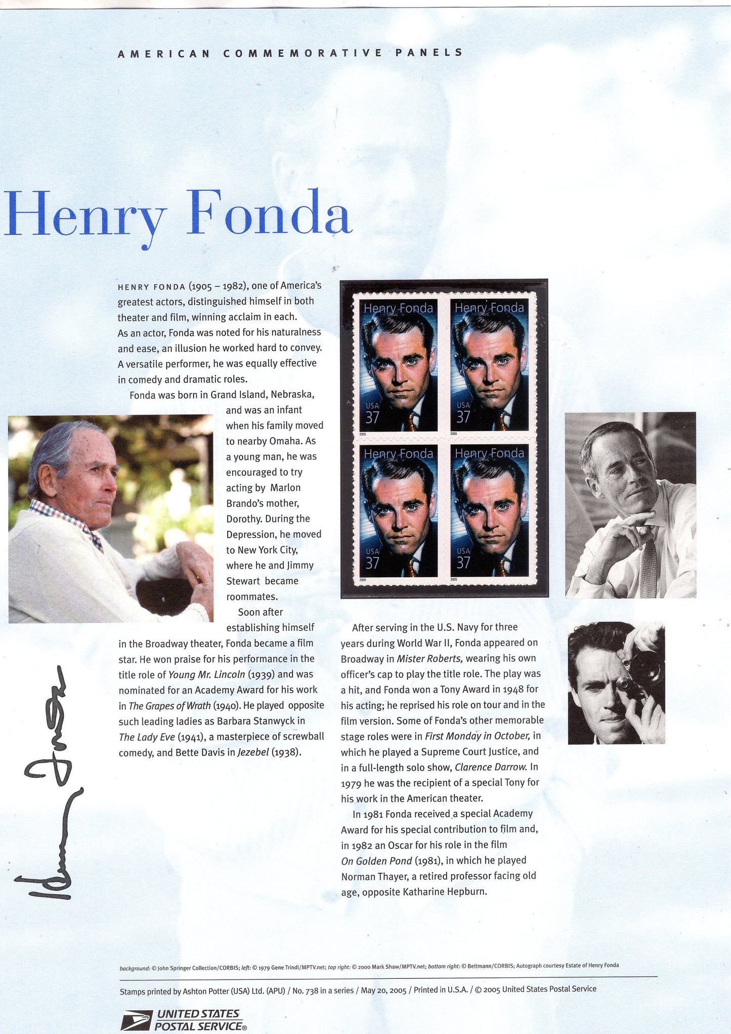 HENRY FONDA HOLLYWOOD Legend Special Commemorative Panel plus Actual Stamps + Illustrations and Text Great Gift 8.5x11 '05