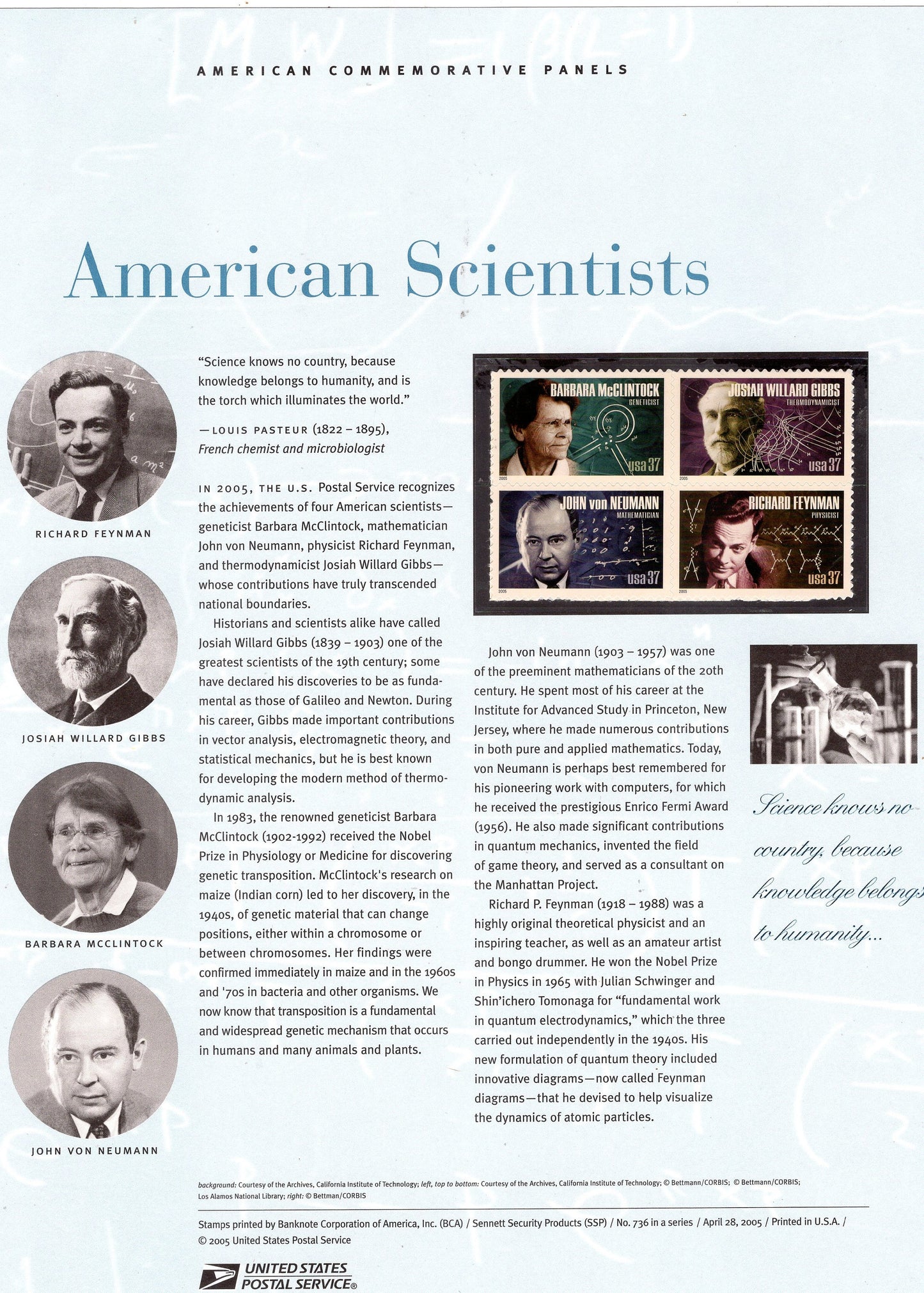 SCIENTISTS FEYNMAN Von NEUMANN Special Commemorative Panel plus Actual Stamps + Illustrations and Text Great Gift 8.5x1105