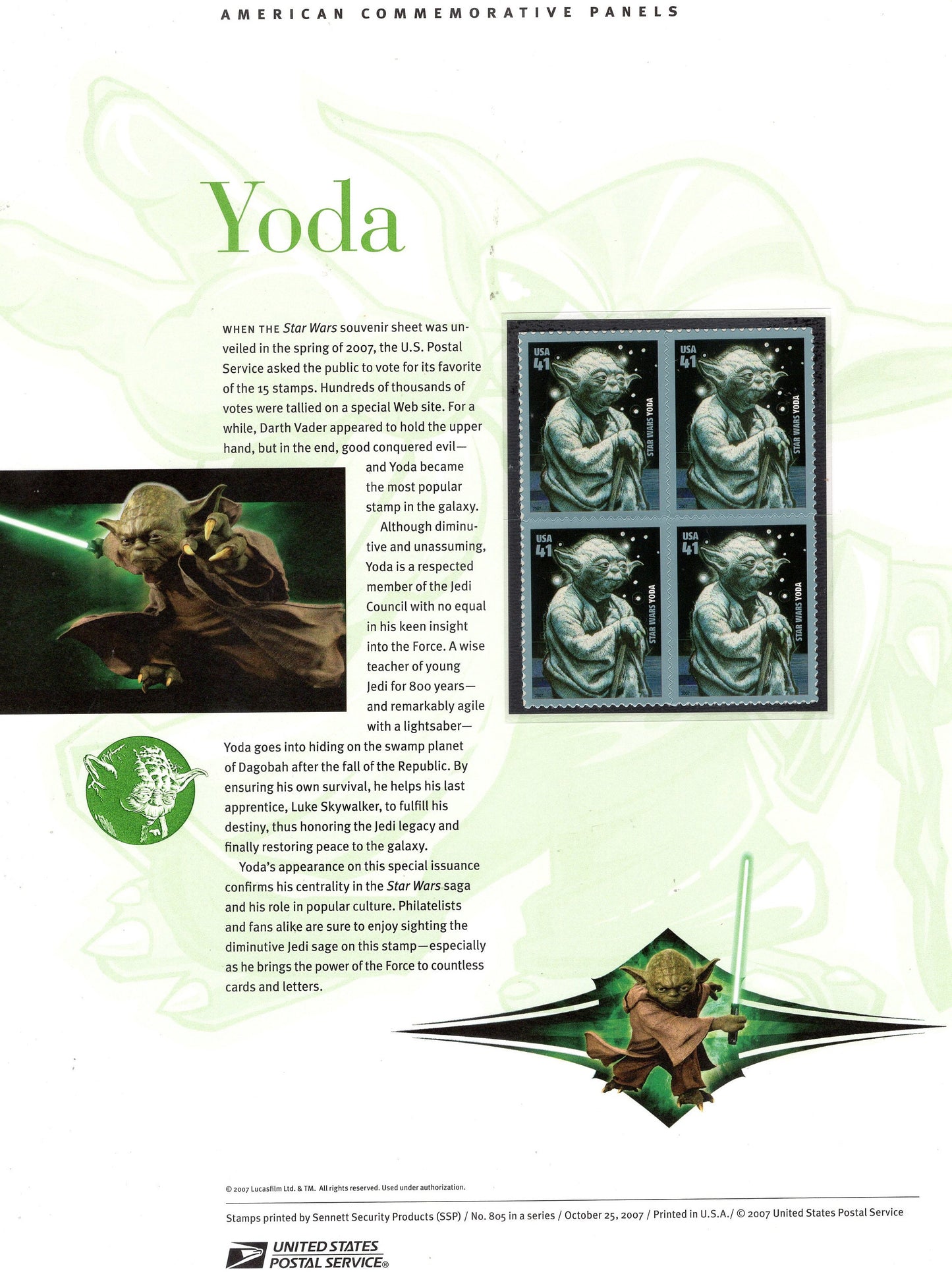 YODA - STAR WARS Favorite Character Skywalker Commemorative Panel Stamps + Illustrations Text Great Gift 8.5x11-Vintage 2007