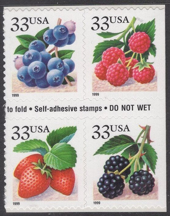 20 BERRIES GALORE!: BLUEBERRIES Strawberries Blackberries Raspberries (5 of each) - Stock# 3297 - Vintage 1999
