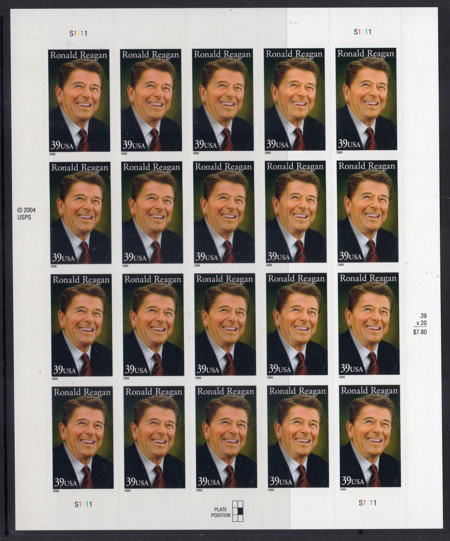 RONALD REAGAN Sheet of 20 40th PRESIDENT Fresh Bright Unused USa Postage Stamps -Quantity Available-Vintage 2005 - Stock# 3897