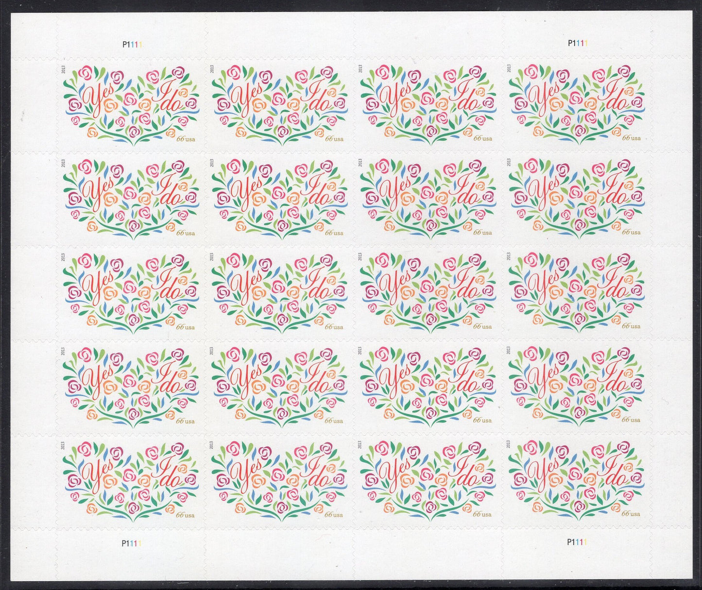 66c WEDDING FLOWERS, HEART Sheet of 20 Self-adhesive Postage Stamps Invitations Thank You Save-the-Date- Vintage 2013