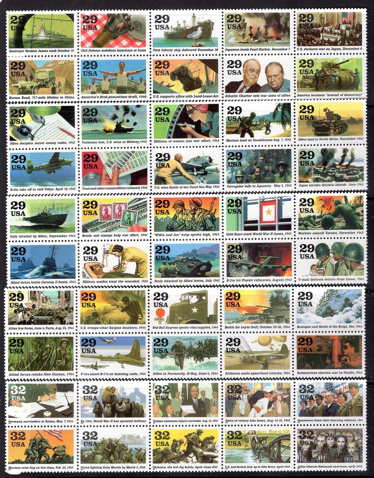 50 WORLD WAR II 2 United States Mint Stamps Complete 5 Blocks of 10 or 10 Strips of 5- Vintage 1991-95
