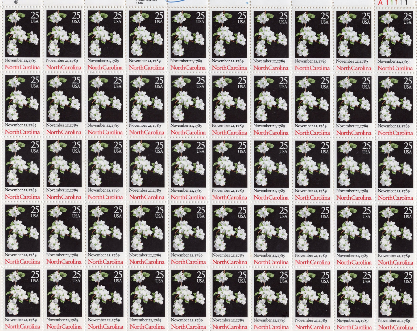 NORTH CAROLINA DOGWOOD White Blossoms Constitution Ratification Sheet of 50 signed by Designer Bob Timberlake Mint Stamps