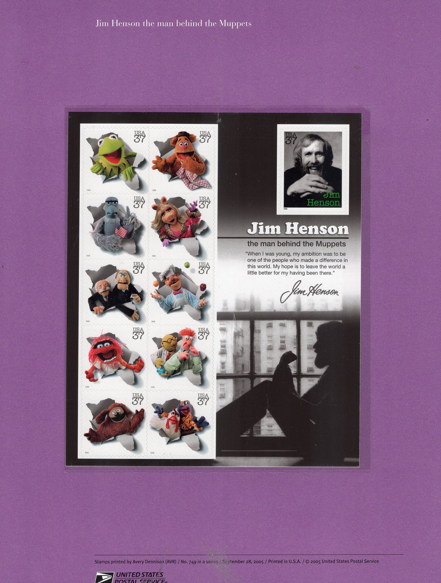 MUPPETS JIM HENSON Big Bird Piggy Kermit Bert Ernie Cookie Commem Sheet of 11 Stamps Illustrations Text Great Gift 8.5x11 '04-FreeUSA Ship
