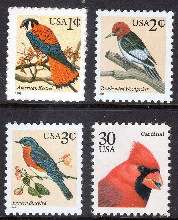 4 COLORFUL BIRDS - 10 each - Kestrel Woodpecker Bluebird Cardinal USa Stamps Mint Bright Post Office Fresh - Vintage 1990's