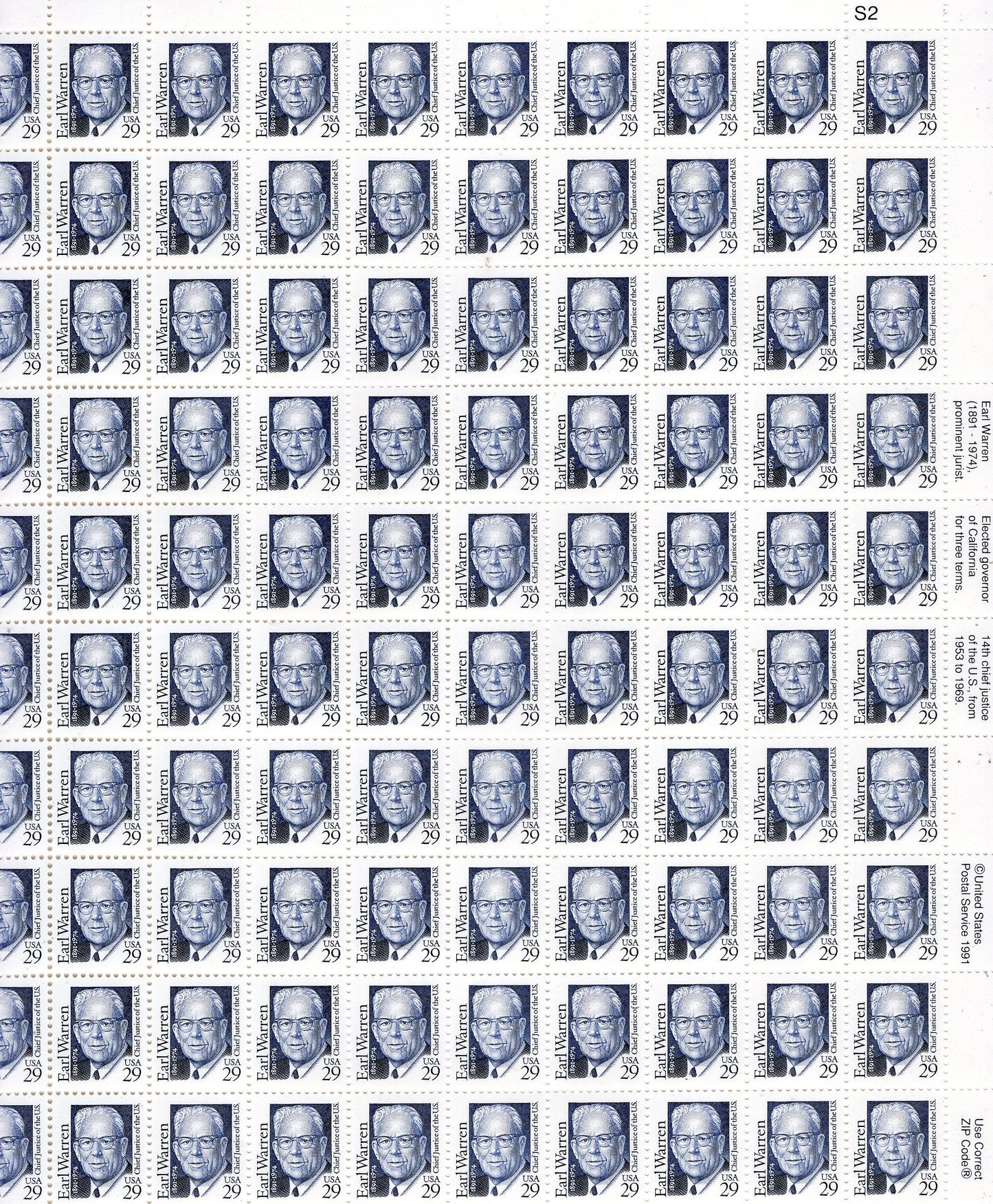 EARL WARREN JURIST Chief Justice Supreme Court California Governor Complete Sheet of 100 - Tough to find! - Vintage 1992