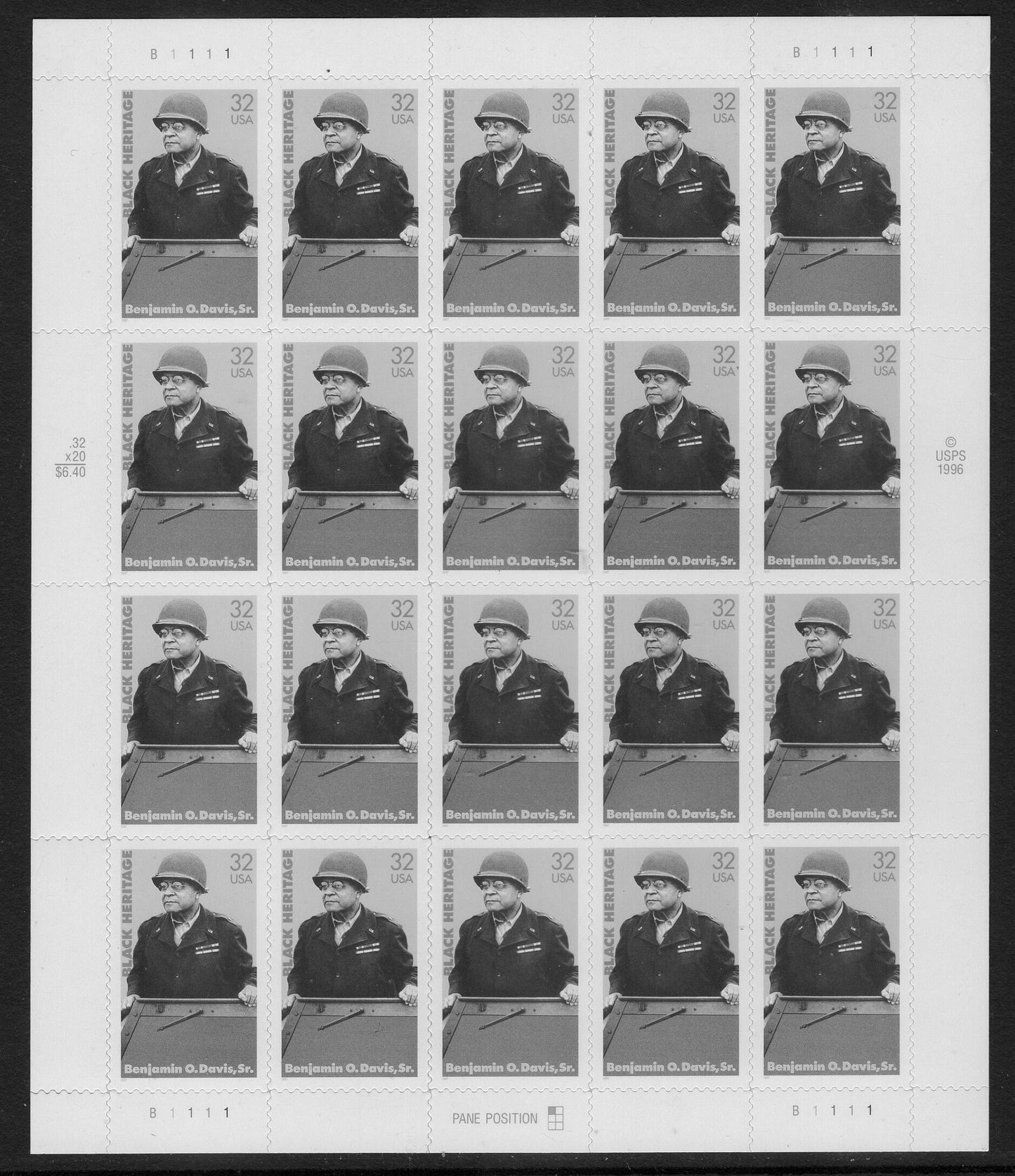 First Air Force Brigadier GENERAL Benjamin O Davis BLACK HERTAGE Sheet of 20 Fresh Mint Stamps - Vintage 1997 - Stock# 3121