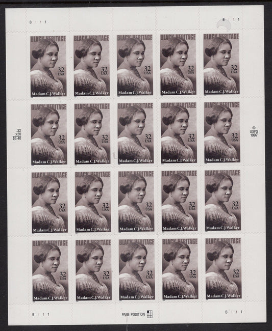 MADAM CJ WALKER First Black Millionaire Hair Care Social Activist Sheet of 20 Fresh Mint Stamps - Vintage 1997 - Stock# 3181