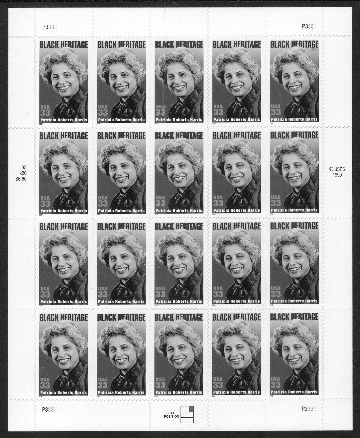 PATRICIA Roberts HARRIS First Black Woman Cabinet Member Activist Sheet of 20 Fresh Mint Stamps - Vintage 2000 - Stock# 33711