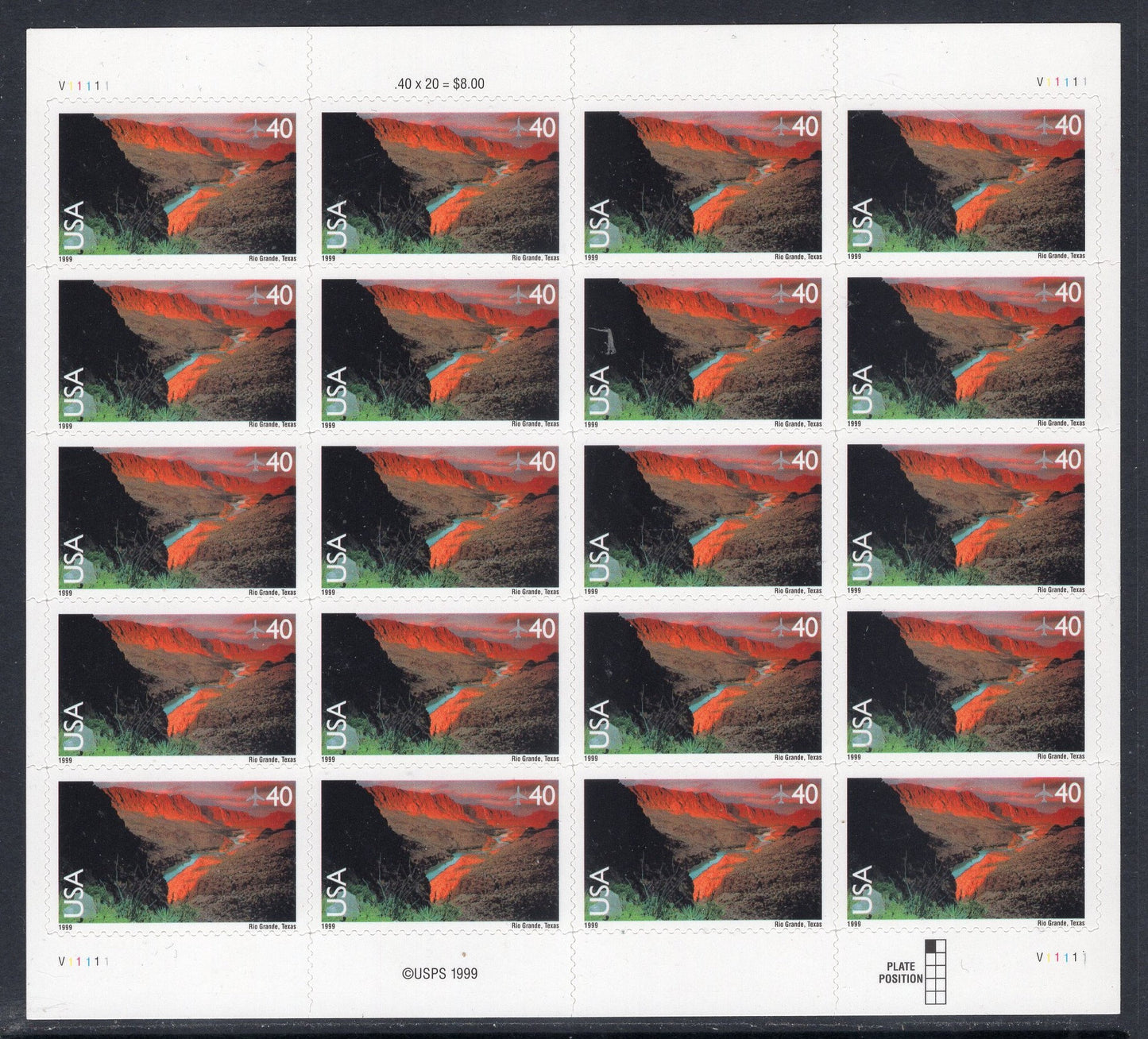 RIO GRANDE RIVER Sheet of 20 Scenic USA Landscapes Stamps - Unused, Fresh, Bright Post Office - Issued 1999 - C134 M