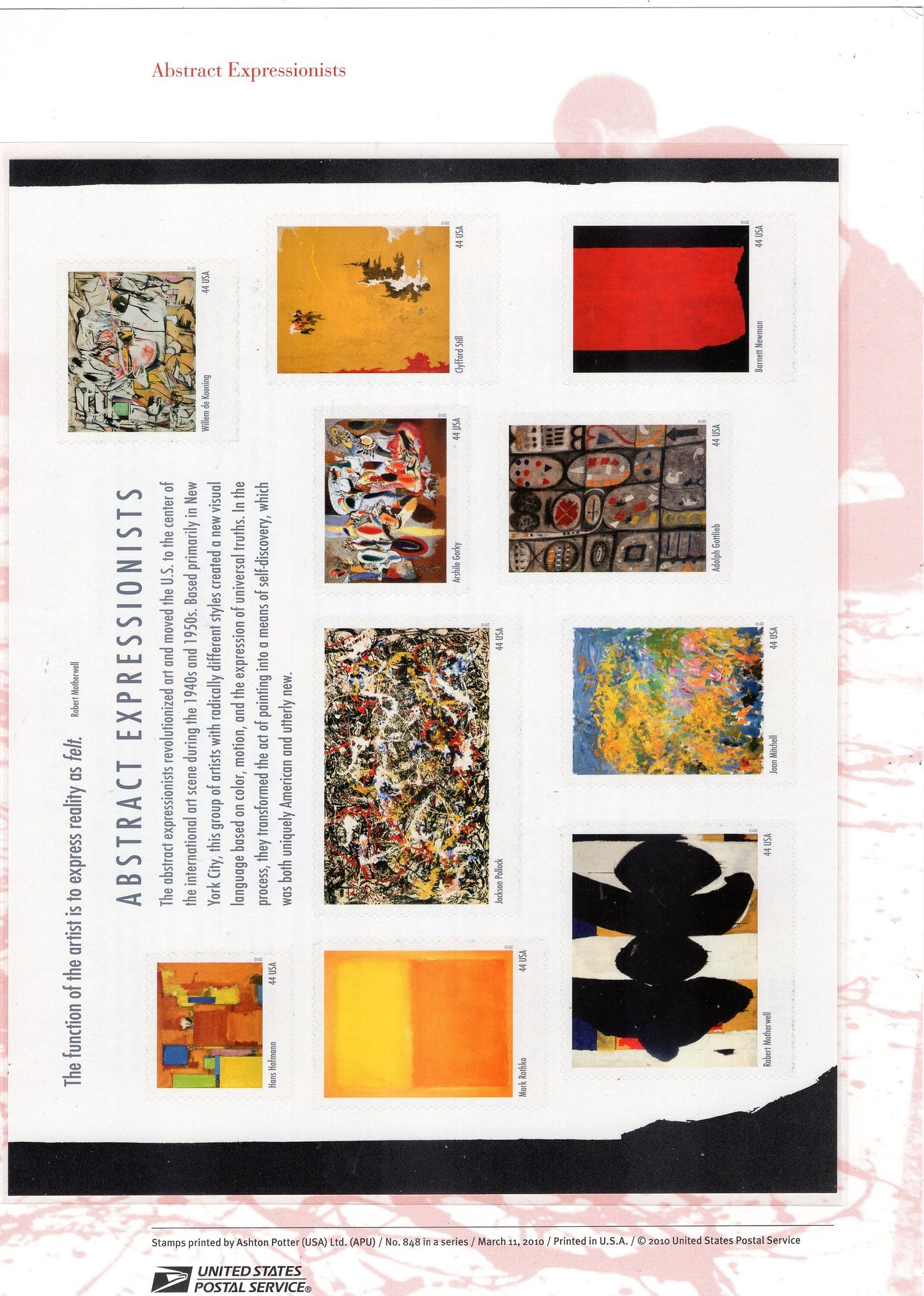 ABSTRACT EXPRESSIONISTS Two Page Panel w/ Block of 4 Stamps Illustrations Descriptive Text Great Gift 8.5x11 Stock# 679-10 - Free Ship USA