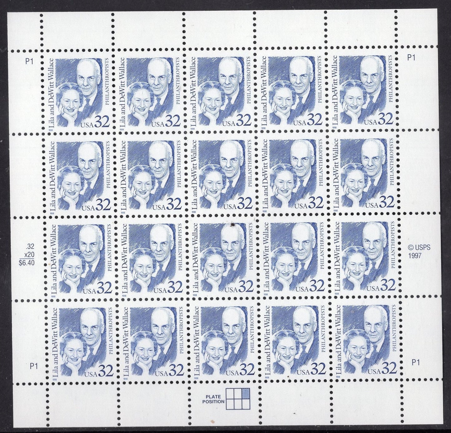 READER'S DIGEST Founders Lila and DeWitt WALLACE Complete Sheet of 20 - Fresh, Bright Stamps - Vintage 1999 - 2936