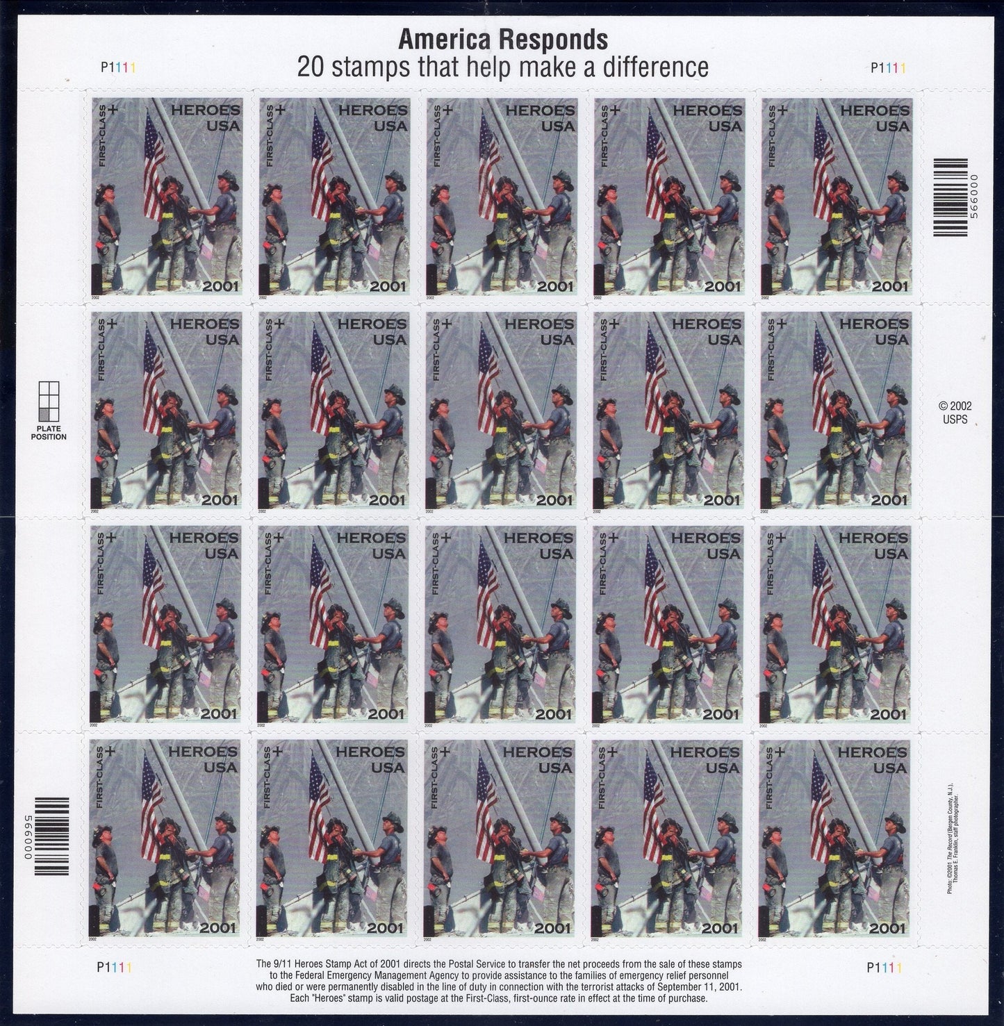 10 FIRST RESPONDERS Stamps - World Trade Center- 9/11 Attack - Sheet of 20 available Unused Fresh US Postage - Vintage 2002