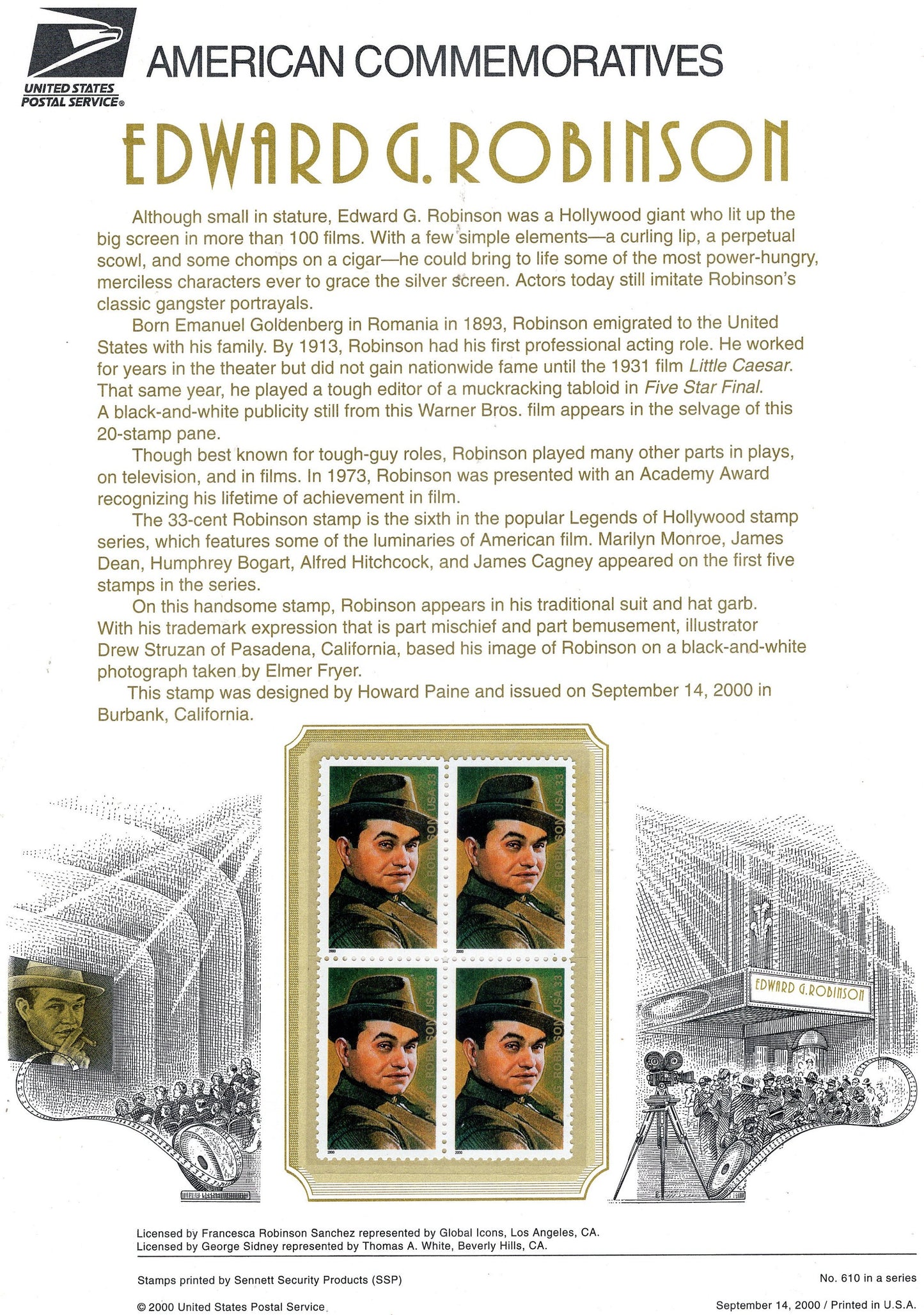 EDWARD G ROBINSON Actor Academy Award Commemorative Panel w/ Block of 4 Stamps Illustrations Text Great Gift 8.5x11 2000 #755