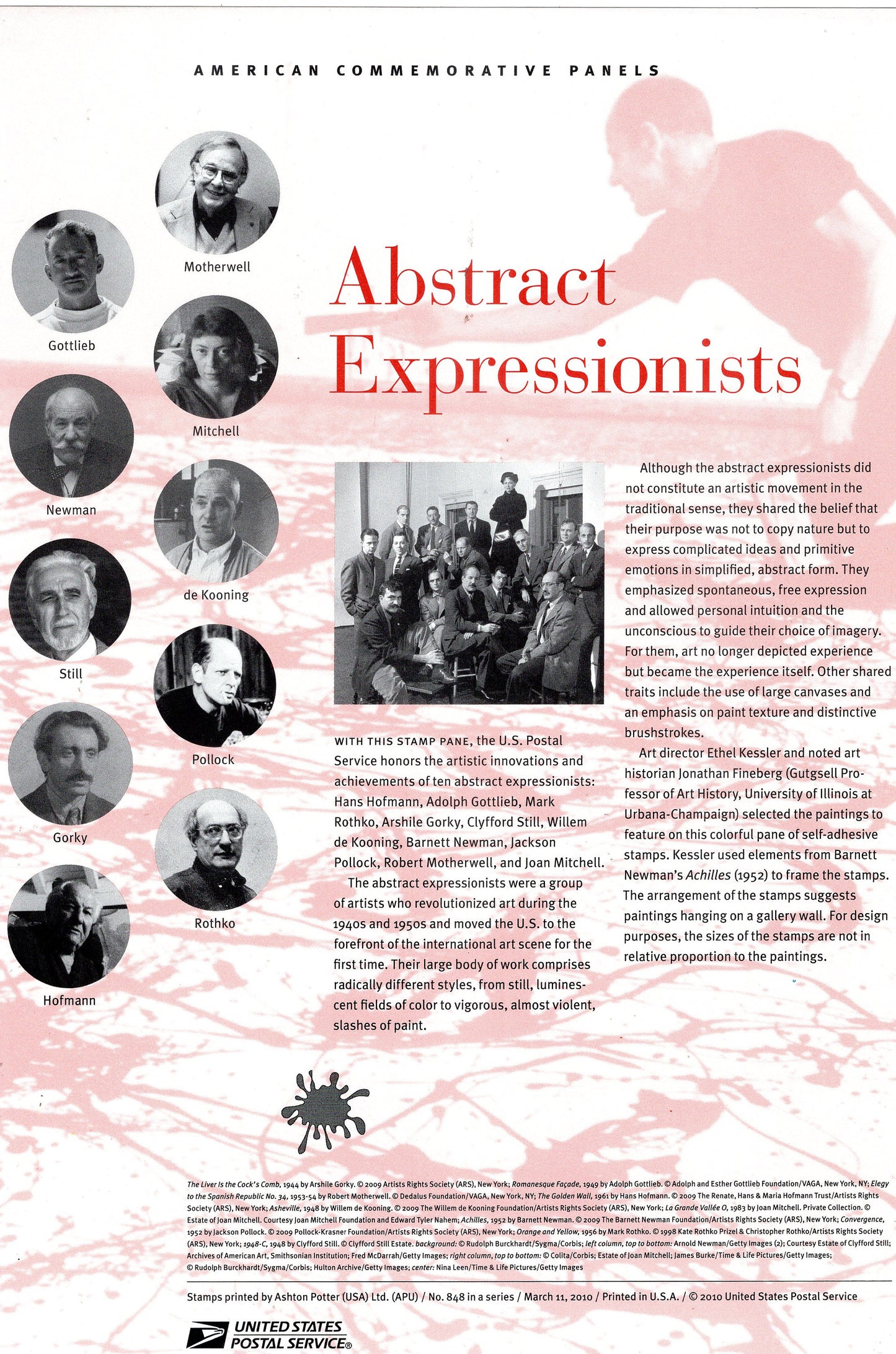ABSTRACT EXPRESSIONISTS Two Page Panel w/ Block of 4 Stamps Illustrations Descriptive Text Great Gift 8.5x11 Stock# 679-10 - Free Ship USA