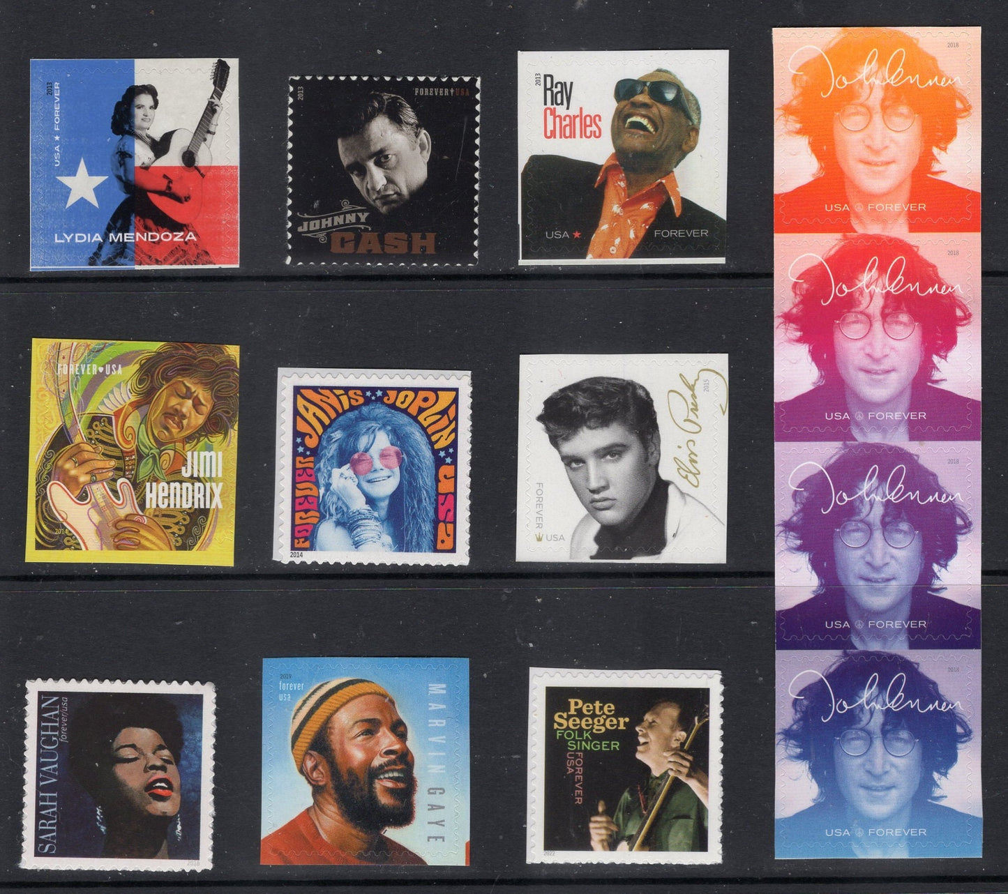13 MUSIC ICONS USA Post Office Mint Series Elvis Lennon Cash Charles Hendrix Joplin Gay Lennon Vaughan Seeger Postage Stamps
