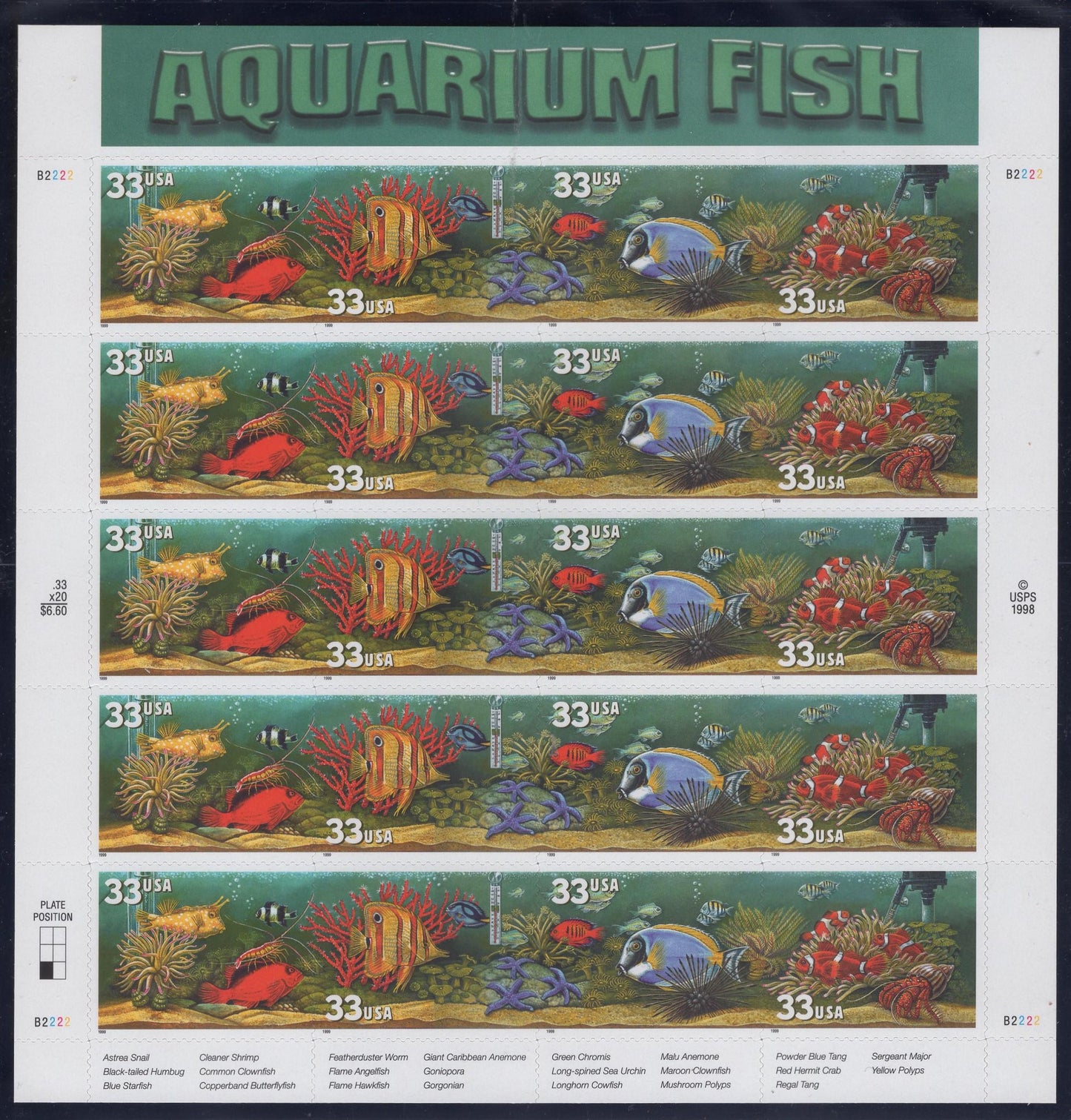 AQUARIUM FISH Sheet of 20 - Bright, Fresh Unused USA 33c Postage Stamps -Vintage 1998 -Great for Birthday Party Invites