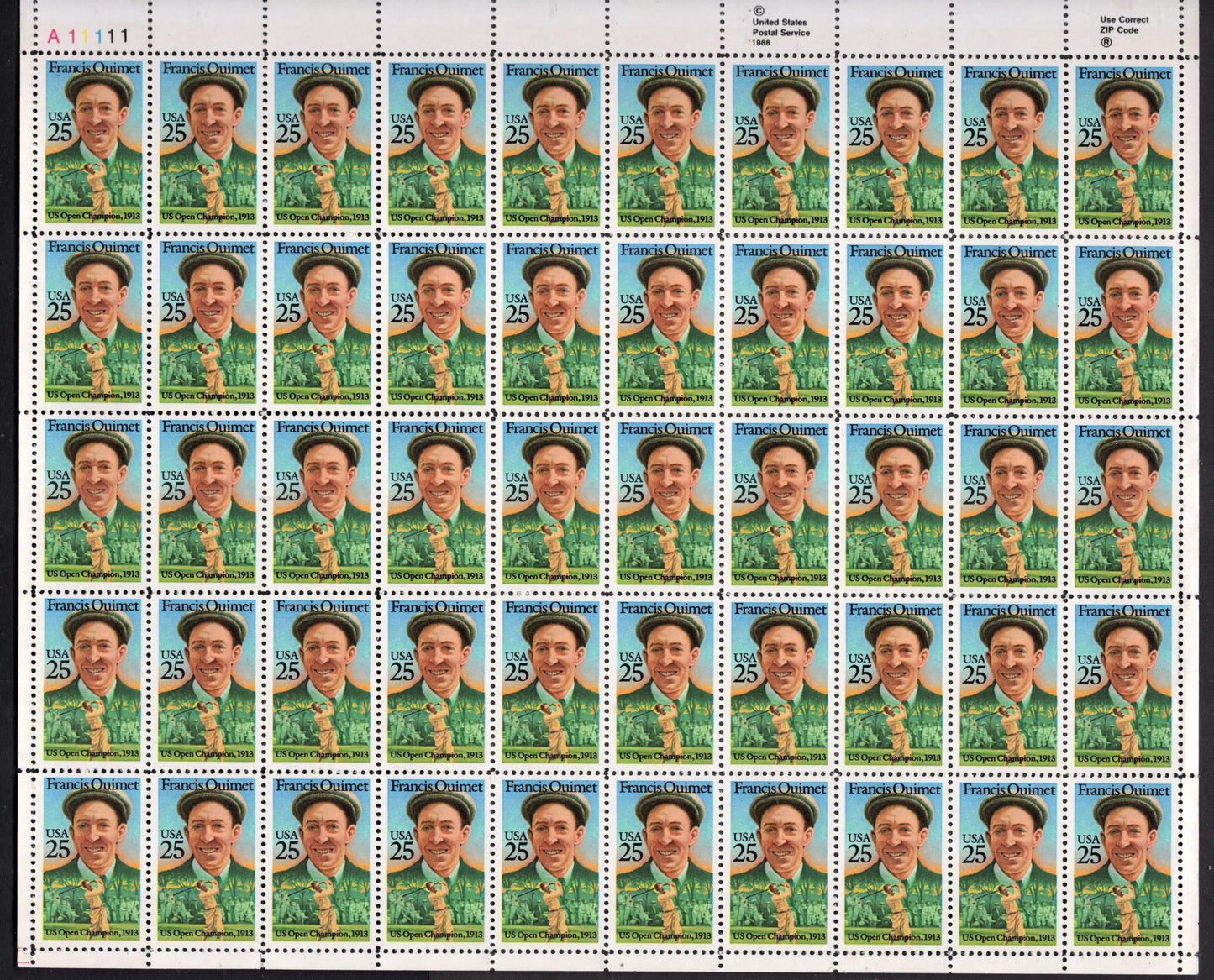 GOLF - FRANCIS OUIMET Sheet of 50 - First American Winner of the Open - Hall of Fame Scarce Sheet - Vintage 1987