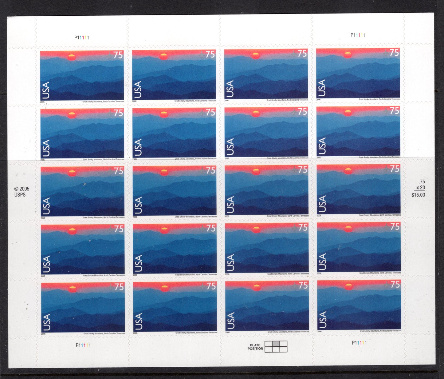 GREAT SMOKY National Park Sheet of 20 Scenic Usa Landscapes Stamps - Unused, Mint Post Office Fresh - Vintage 1999 ping