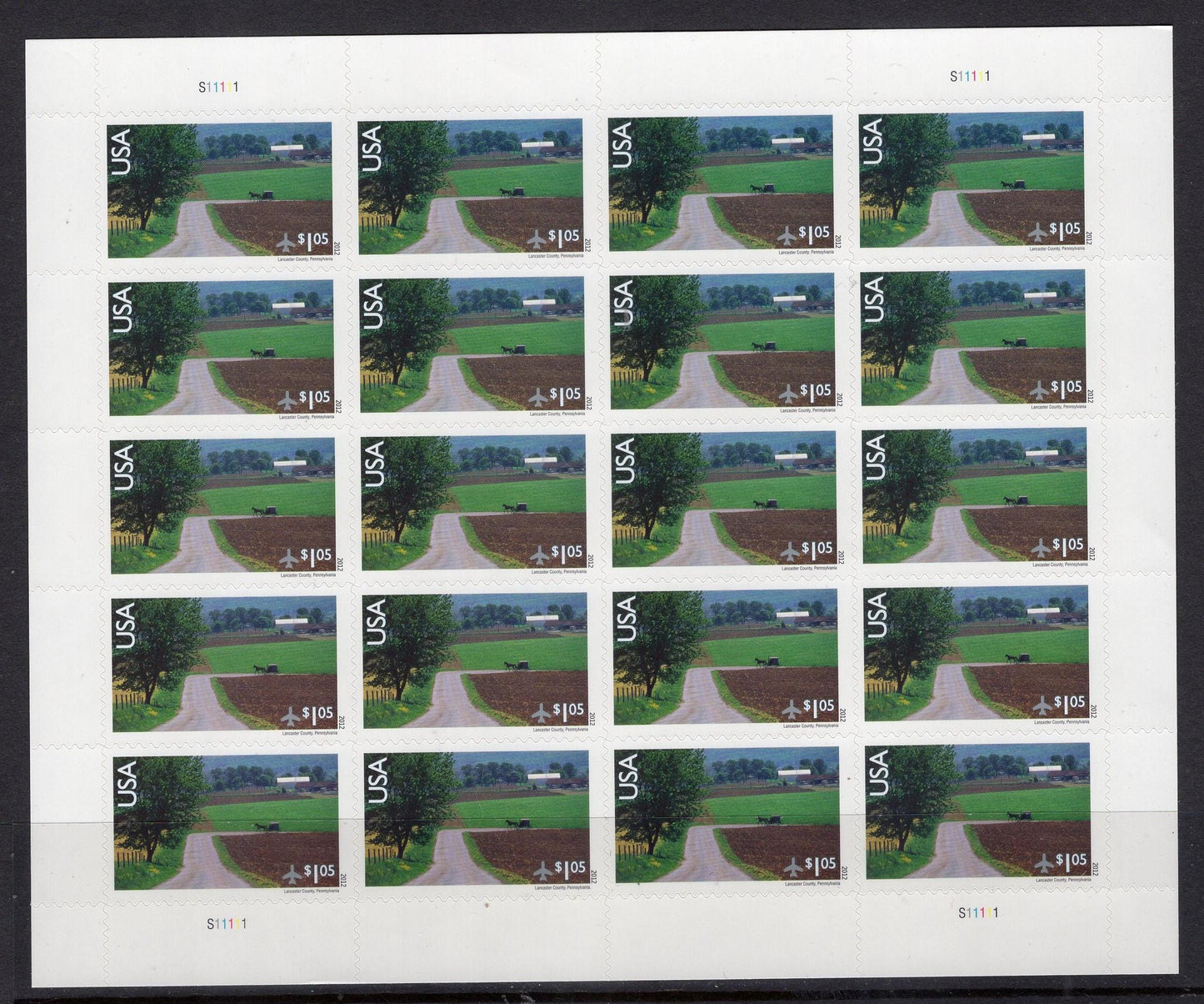 AMISH HORSE and BUGGY Lancaster County Pennsylvania Sheet of 20 Scenic USa Landscapes Stamps - Unused Fresh, Bright