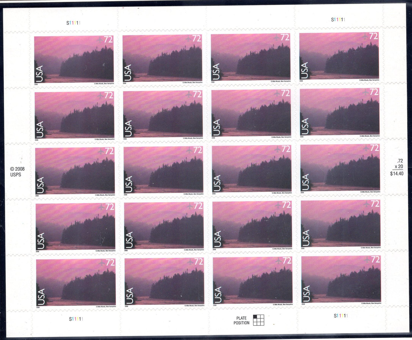 NEW HAMPSHIRE 13 MILE Community Woods Sheet of 20 Stamps - Scenic USa Landscapes -near Umbagog Wildlife Refuge Fresh, Bright-FreeUSA Ship