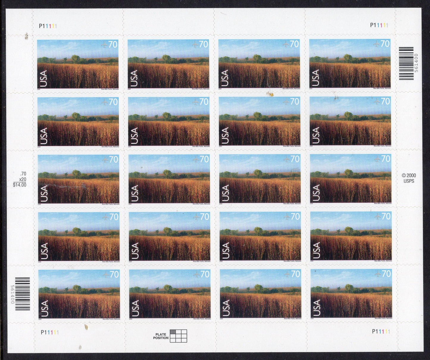 NINE-MILE PRAIRIE Conserved Tallgrass in Lincoln, Nebraska Sheet of 20 Stamps - Scenic USa Landscapes Series - Fresh, Bright
