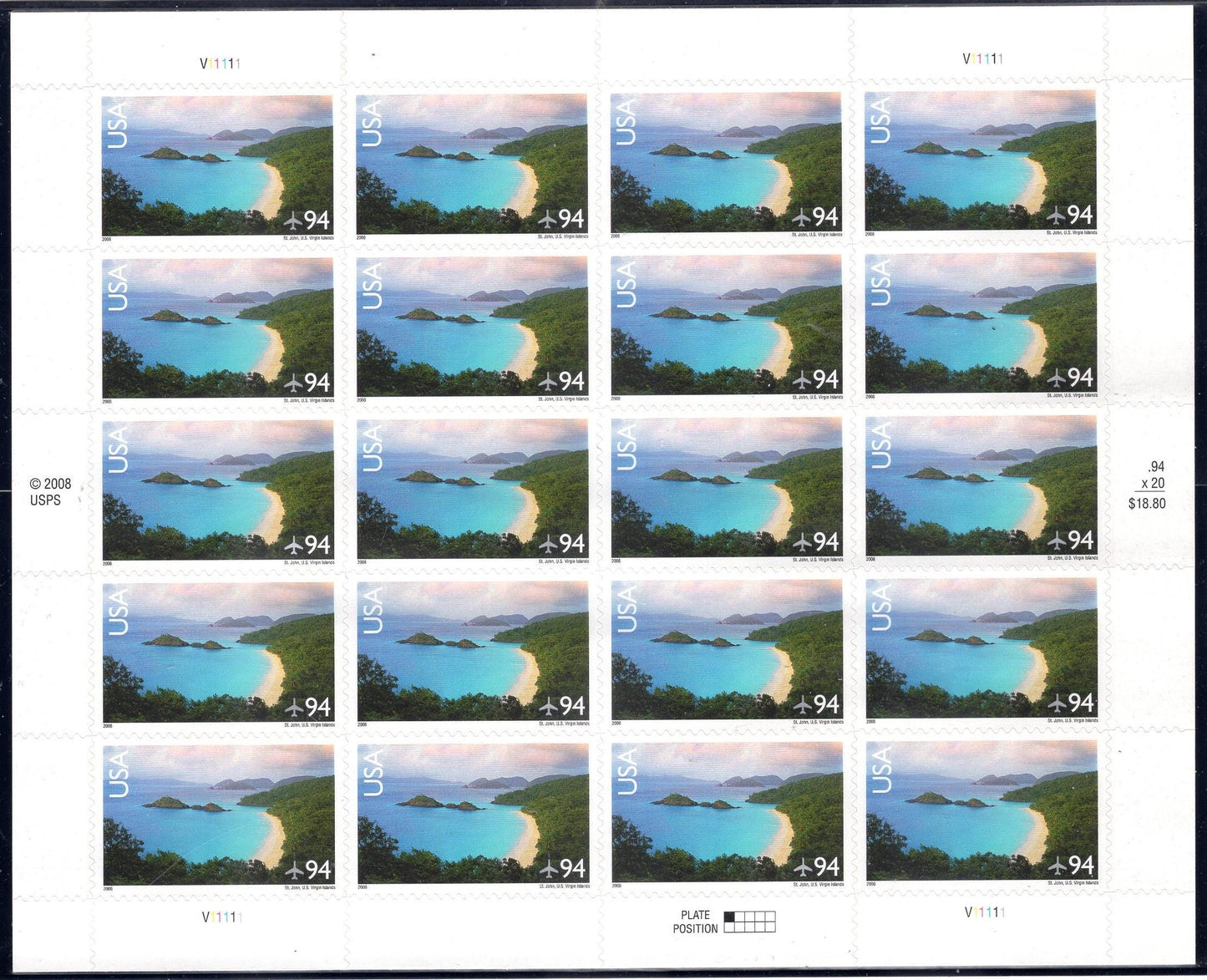 TRUNK BAY, St. JOHN Virgin Islands 20 Scenic Usa Landscapes Stamps - Unused Post Office Fresh, Bright - 1999 ping