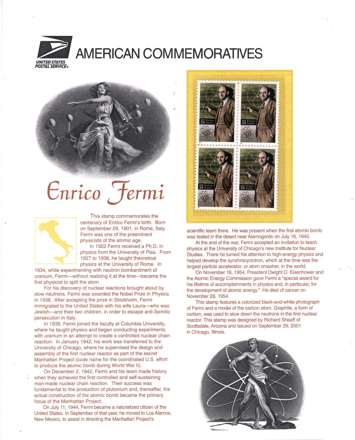 ATOMIC PHYSICIST Enrico FERMI Nobel Winner Commemorative Panel w/ Block of 4 - Text, Illustrations - Great Gift Vintage 2001