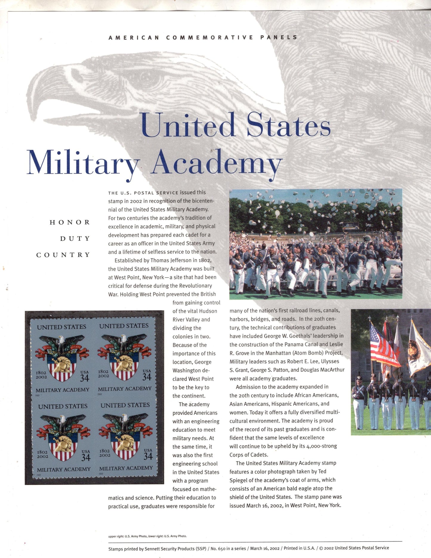 WEST POINT MILITARY Academy Honor Duty Commemorative Panel with Block of 4 Stamps Illustrations Text Great Gift 8.5x11 - 2002