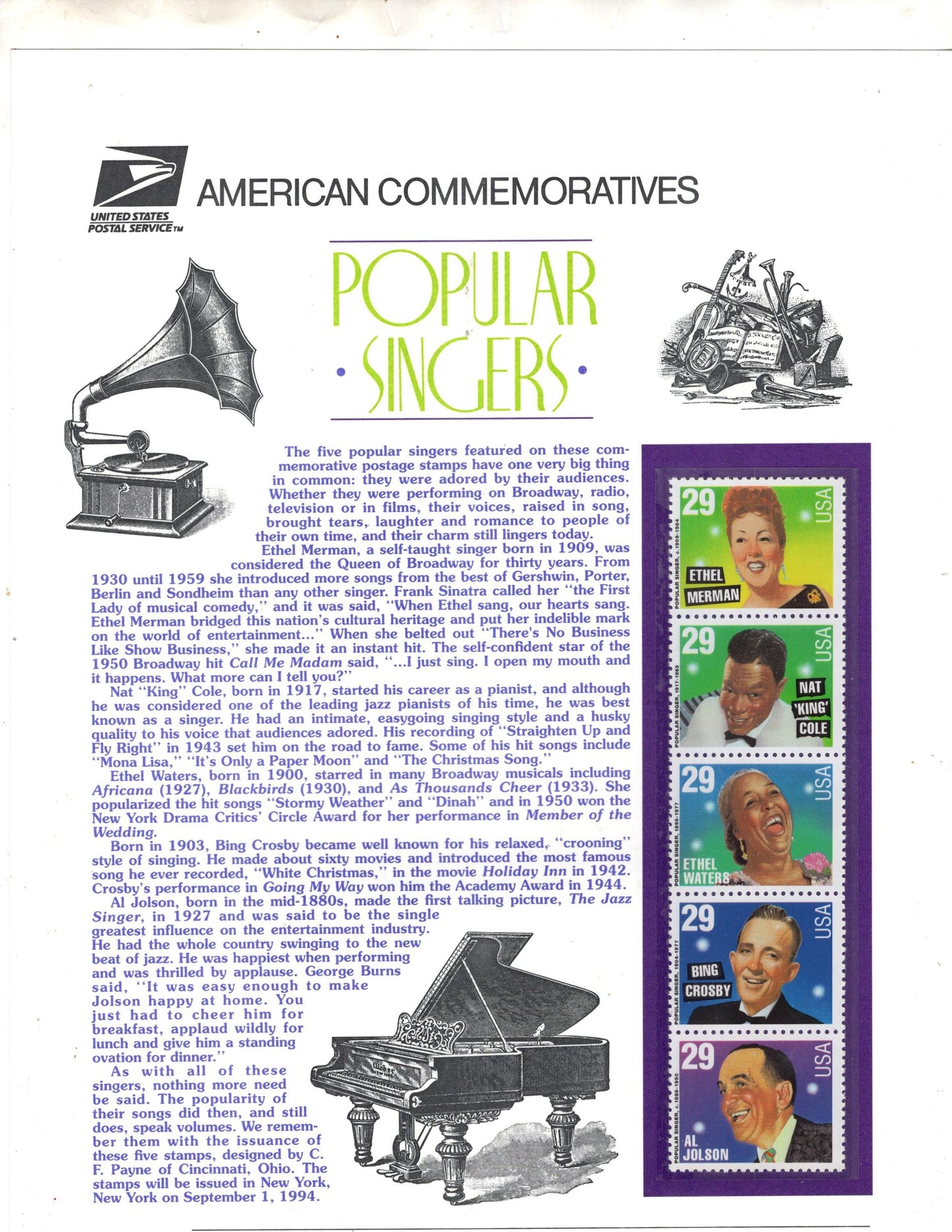 SINGERS NAT King COLE Merman Waters Crosby Jolson Commemorative Panel w/Strip 5 Stamps Illustrations Text Great Gift 8.5x11