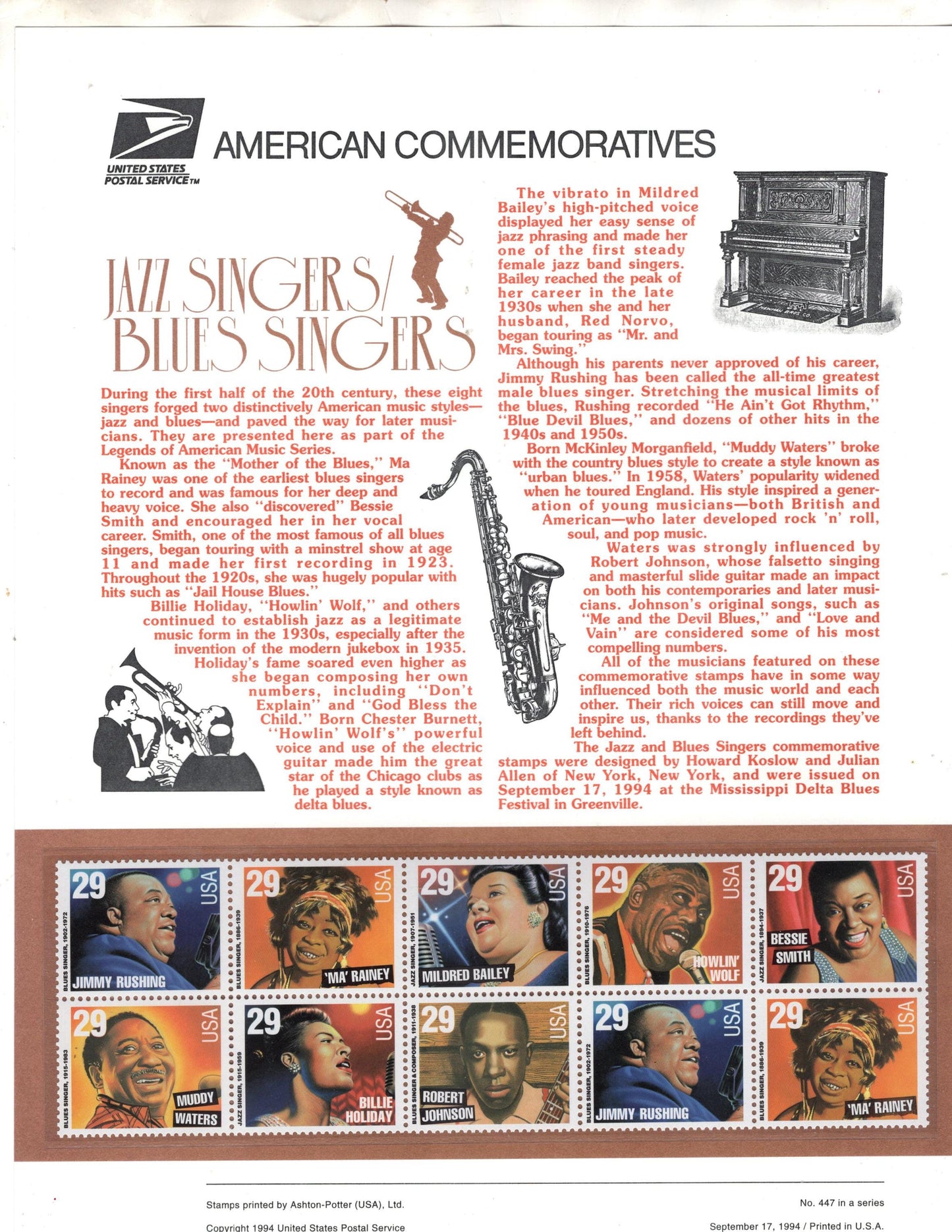 10 BLACK AMERICAN SINGERS inc Billie Holiday Waters Commemorative Panel Strip 5 Stamps Illustrations Text Great Gift 8.5x11