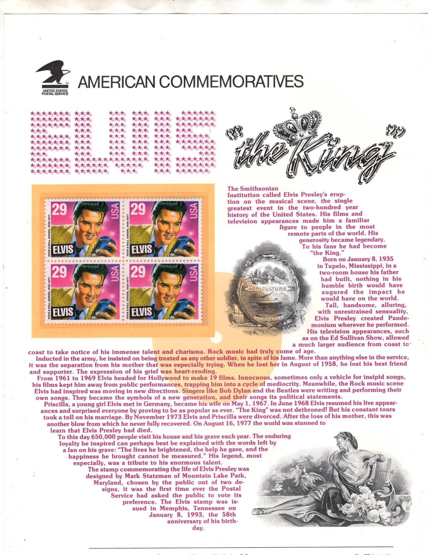 ELVIS PRESLEY - "The KING" Commemorative Panel w/ Block of 4 Stamps Illustrations Text Great Gift 8.5x11 Vintage 1993