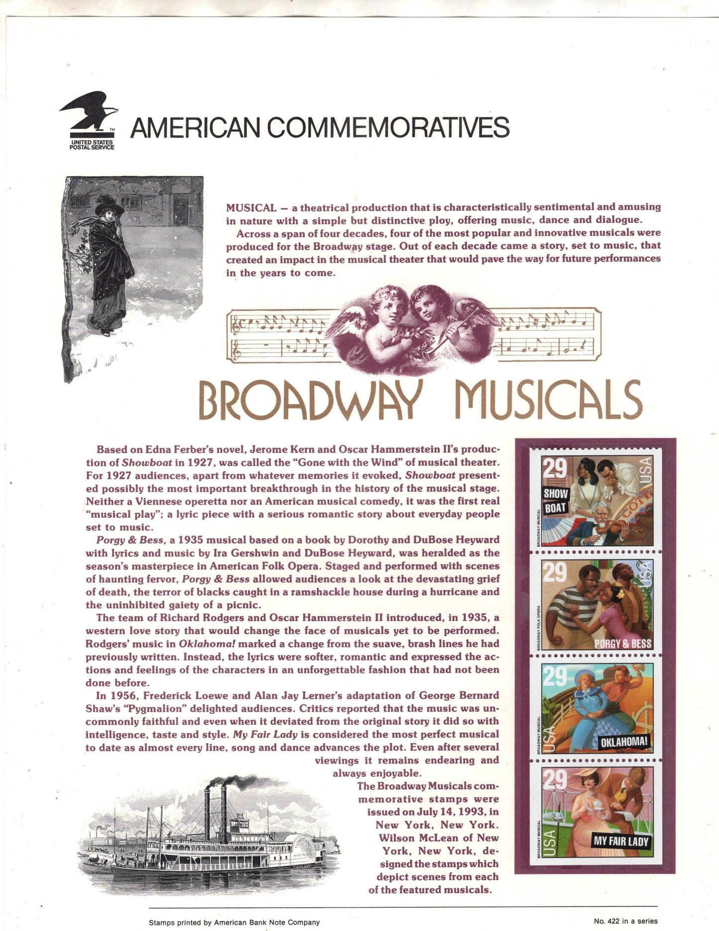 BROADWAY MUSICALS PORGY & Bess Oklahoma My Fair Lady Commemorative Panel w/Strip 4 Stamps Illustrations Text Great Gift 8.5x11